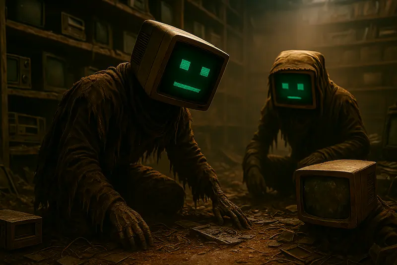 RPG Scavenger Nerds Two robots with CRT monitor heads wearing tattered post-apocalyptic clothing scavenging through the remnants of an old electronics store, dimly lit with dusty shelves and broken technology.
