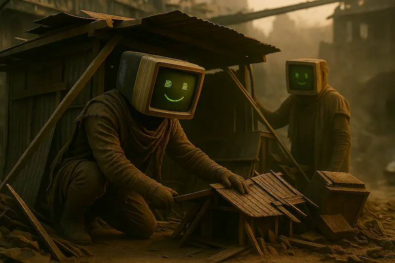 Sandbox Builder Nerds Two CRT-headed robots building a shelter from scrap wood and metal in a dusty, post-apocalyptic environment, displaying green pixel faces and dressed in makeshift survival clothing.